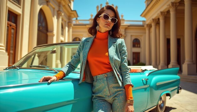 Woman in retro outfit leans on vintage turquoise car near classic building. She wears sunglasses and stylish blazer. Sunny day, confident pose.