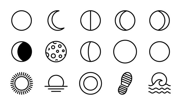 Moon Phases Icons Set, Celestial Body Icons, Astronomical Cycle Graphics, Cosmic Event Vector Elements