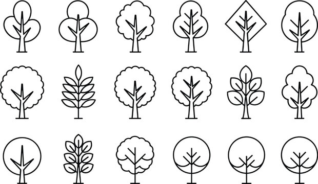 Collection of stylized tree icons featuring circular, geometric, and leaf‑pattern designs for nature, environment, and decorative concepts