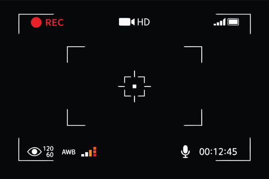 Digital Camera Viewfinder Screen Interface with Recording Indicators, Focus Frame, Battery Status, Signal Bars, Audio Levels, and Timer on Black Background. Professional Video Recording Template.