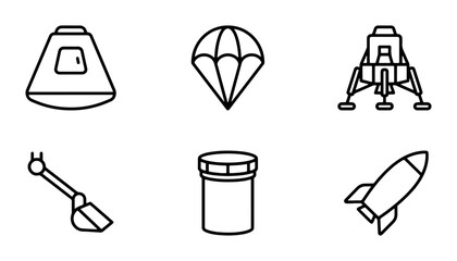 Space Exploration Icons: Rocket, Lander, Capsule, Parachute, Robot Arm, Container Icons © Sharif