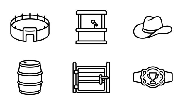 Western Rodeo Icons: Arena, Cowboy Hat, Barrel, Gate, Trophy Belt, Microphone Stand