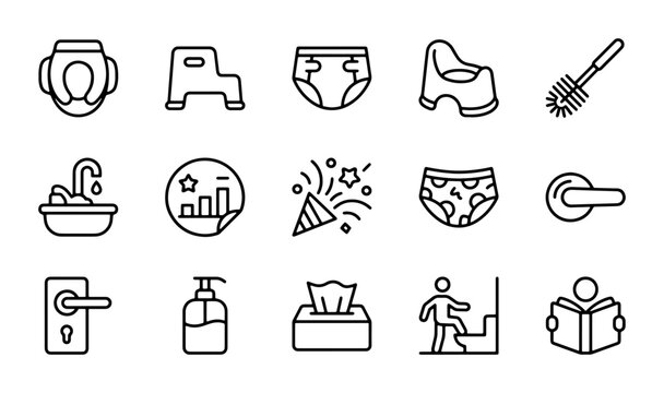 Potty Training Icons, Baby Care Essentials, Bathroom Hygiene, Toddler Toilet Set, Vector Graphics