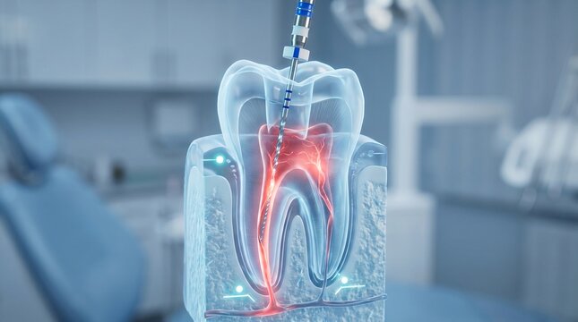 Detailed cross section of a human tooth undergoing root canal treatment with dental instrument