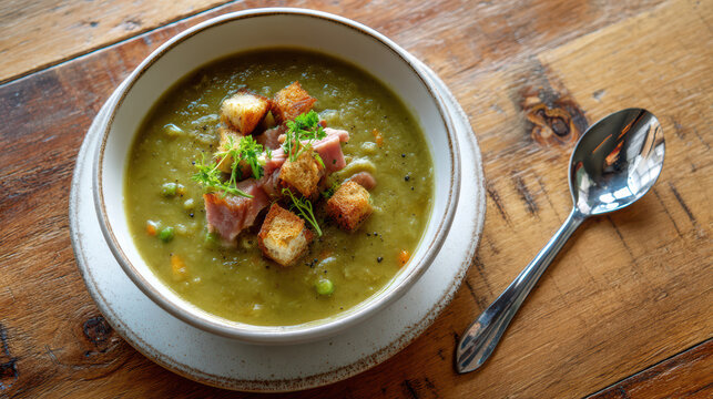 split pea soup with ham and herbs in a bowl
