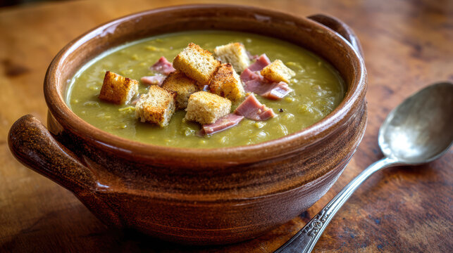 split pea soup with ham and herbs in a bowl