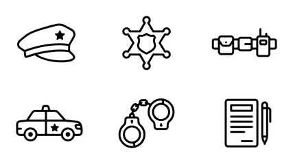 Police Icons Set: Law Enforcement Symbols, Sheriff Badge, Patrol Car, Handcuffs, Duty Belt, Cap © Yusuf