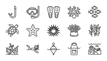 Ocean Life Icons Set: Snorkel, Scuba Diver, Turtle, Coral Reef, Fish, Shipwreck, Sea Star © Faruk
