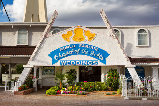 Las Vegas, USA - 17 April 2013: Entrance to the Chapel of the Bells wedding chapel in downtown Las Vegas. The area is famous for elopements, themed and walk in wedding ceremonies.