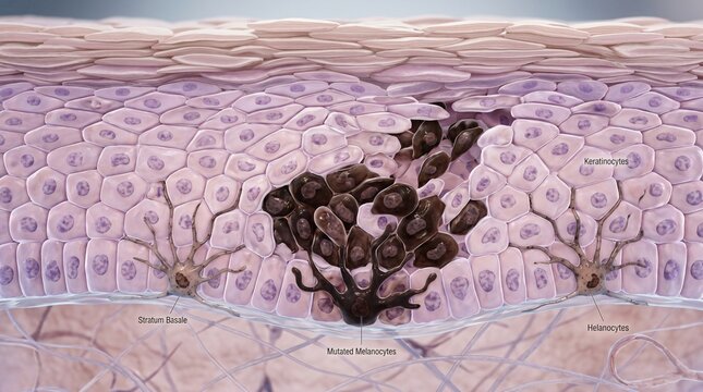 Microscopic view of mutated melanocytes in the stratum basale of human skin