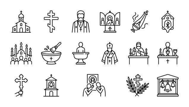Orthodox Christian Icons Set: Church, Clergy, Crosses, Baptism, Bells, Religious Symbols