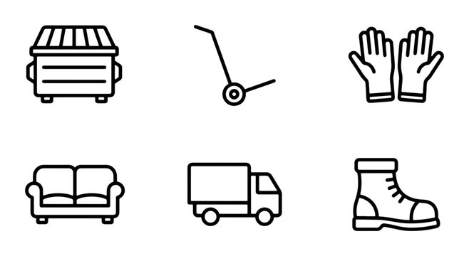 Moving Icons: Dumpster, Dolly, Gloves, Sofa, Truck, Boot, Vector Set