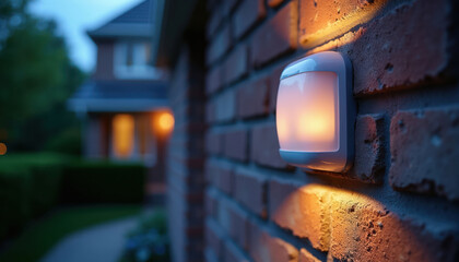 Obraz premium Outdoor motion sensor light on brick wall of house. Detects movement for home security system. Night scene with house lights visible in background.