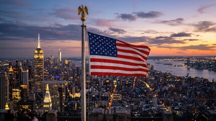 American flag waving over new york city skyline on independence day