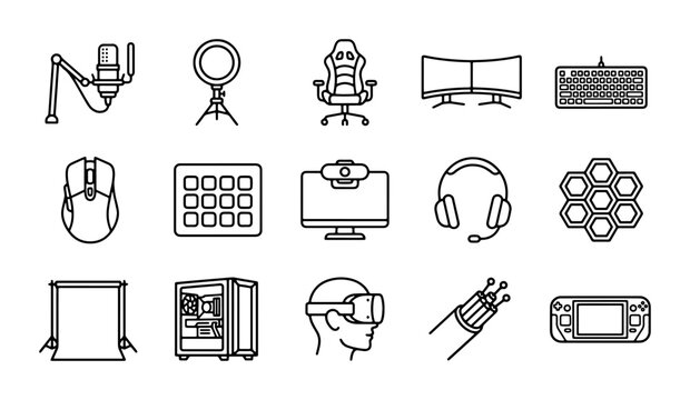 Gaming Setup Icons, Streamer Gear Icons, Computer Peripherals Icons, 15 Vector Elements
