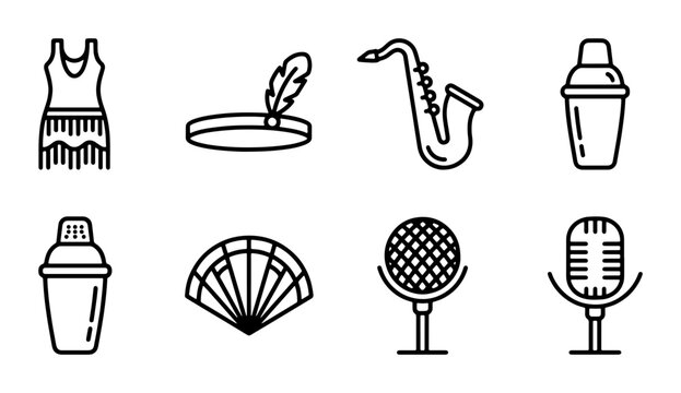 Retro Jazz Age Icons: Flapper Dress, Saxophone, Microphone, Cocktail Shaker, Fan