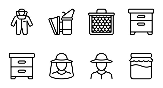 Beekeeping Icons Set: Beekeeper Suit, Smoker, Hive, Honey Jar, Tools | Apiary Equipment Vector Graphics