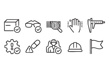 Fototapeta premium Product Safety Line Icons With Barcode Measurement And Approval Symbols