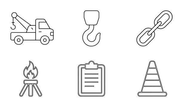 Industrial Icons: Tow Truck, Crane Hook, Chain Link, Torch, Clipboard, Safety Cone