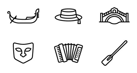 Venice Icons: Gondola, Bridge, Mask, Accordion, Hat, Oar Vector Set © Towhidul