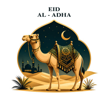 Eid Al Adha Camel Poster with Glowing Mosque and Golden Islamic Design 