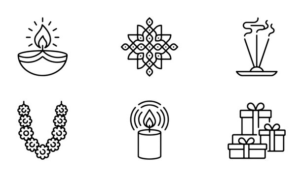 Diwali Icons Set: Festive Lamps, Incense, Gifts, Garlands, Kolam, Candle Vector Graphics