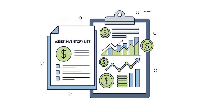 Asset inventory list illustration with financial elements and graphics