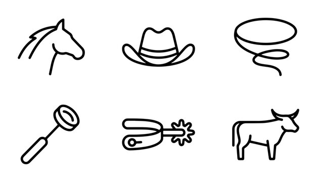 Western Cowboy Icons, Rodeo Horse Hat Lasso Spur Cattle Vector Set