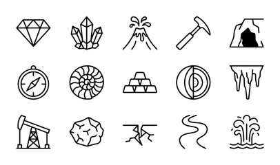 Geology Icons Set: Diamond, Crystals, Volcano, Hammer, Cave, Compass, Fossil, Gold, Earth Core, Icicles, Oil Pump, Meteorite, Crack, River, Geyser © Abdul