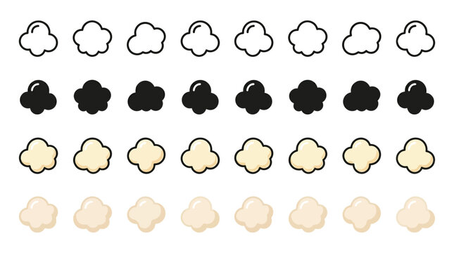 A collection of various popcorn kernel vector illustrations presented in multiple styles and color variations set