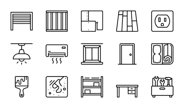 Home Renovation Icons: Garage Door, Window, Door, Paint Brush, Tools, AC Unit, Electrical Outlet