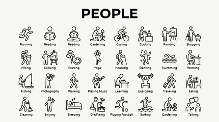 Naklejka premium Diverse People Activities Icon Set: Hobbies, Sports, and Leisure