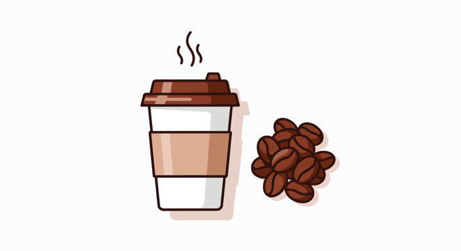 Illustration of a steaming take-out coffee cup with a brown lid next to a pile of coffee beans on a white background.