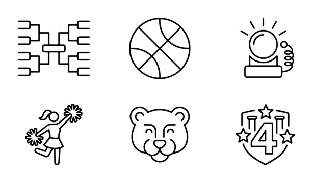 Sports Tournament Bracket, Basketball, Crystal Ball, Cheerleader, Bear Mascot, Award Shield Icons