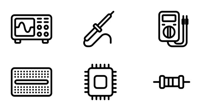 Electronics Icons Set: Oscilloscope, Soldering Iron, Multimeter, Breadboard, CPU, Resistor