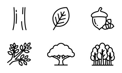 Nature Icons Set: Tree Bark, Leaf, Acorn, Branch, Single Tree, Forest Collection © Abdul