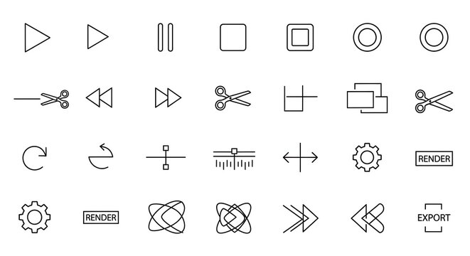 Various video editing icons and symbols for graphic design and digital media production tools