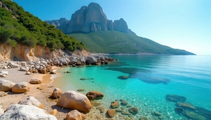 Obraz premium Rocky beach meets clear turquoise water near green mountains. Peaceful coastal scene under bright blue sky. Serene seascape with calm ocean waves and sandy shore.