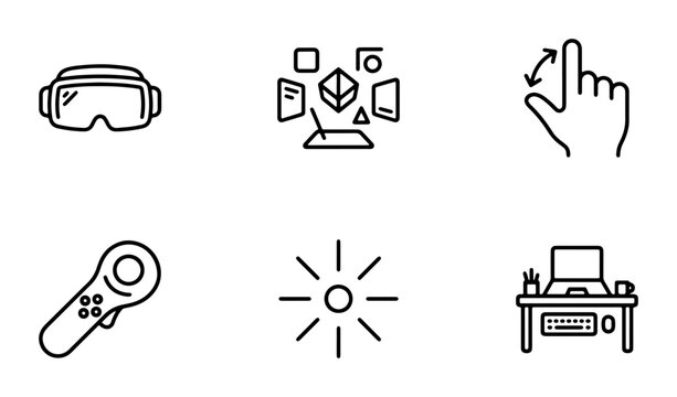 Virtual Reality Icons: VR Headset, 3D Models, Hand Gesture, Controller, Sunburst, Desk Setup