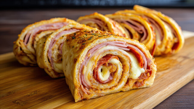 stromboli rolled pizza dough with ham and cheese