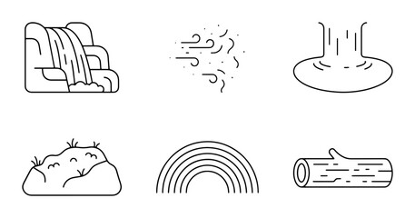 Obraz premium Nature Elements Icons: Waterfall, Wind, River, Rock, Rainbow, Log, Outdoor Graphics