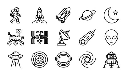 Space Icons Set: Astronaut, Rocket, UFO, Alien, Moon, Planets, Galaxy, Cosmos © Hasan