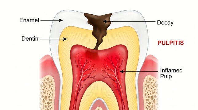 Anatomical illustration of a human tooth showing enamel dentin decay pulpitis and inflamed pulp