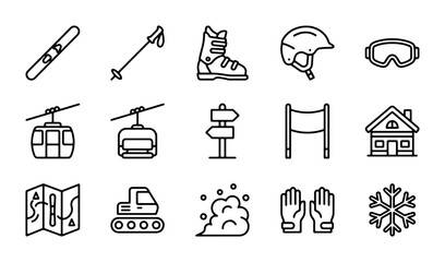 Winter Sports Icons Set: Skiing, Snowboarding, Cable Car, Snowmobile, Map, Snowflake, House © Hasan
