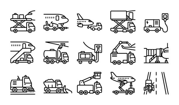 Airport Ground Support Equipment Icons, Aviation Service Vehicles, Aircraft Maintenance Line Art Collection