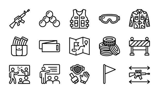 Paintball Gear Icons, Action Equipment Set, Outdoor Sport Symbols, Vector Graphics