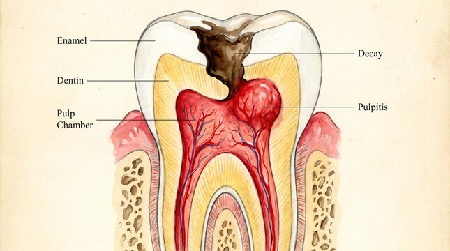 Anatomical diagram illustrating tooth decay and pulpitis showing enamel dentin and pulp chamber