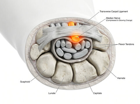 Wrist anatomy showing carpal tunnel syndrome with medical study, medical conditi