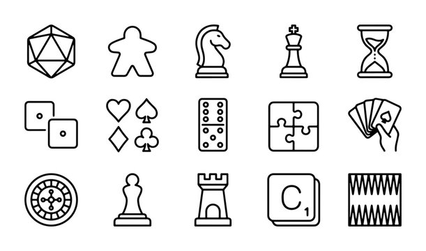 Board Game Icons Set: Dice, Chess, Cards, Roulette, Dominoes, Puzzles, Backgammon, Hourglass