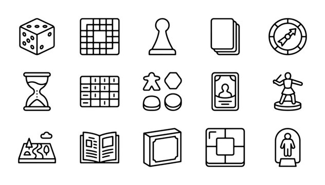 Board Game Icons, Strategy Game Elements, Tabletop Play Graphics, Dice and Pawns Vector Set